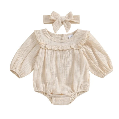 3M-18M Baby Girl Fall Outfits Long Sleeve Solid Color Ruffle Romper with Headband Set Infant Clothes