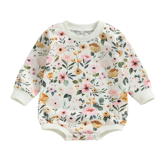 0-18M Infant Baby Girls Bodysuit Long Sleeve Crew Neck Flower Print Jumpsuit Clothes