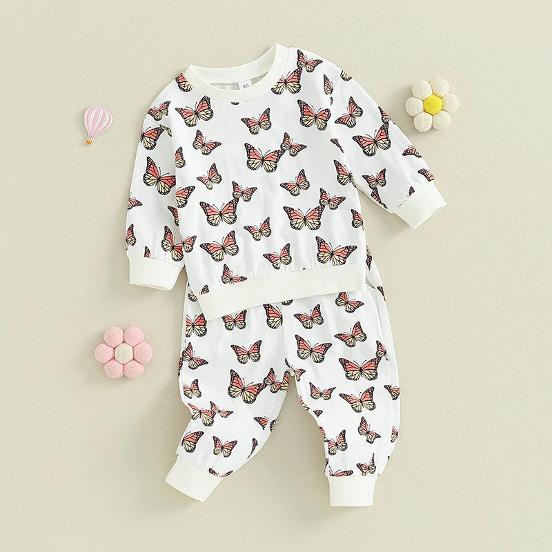 0-24M Toddler Girls Outfit Butterfly Print Long Sleeve Sweatshirt Elastic Pants 2PCS Baby Fall Clothes