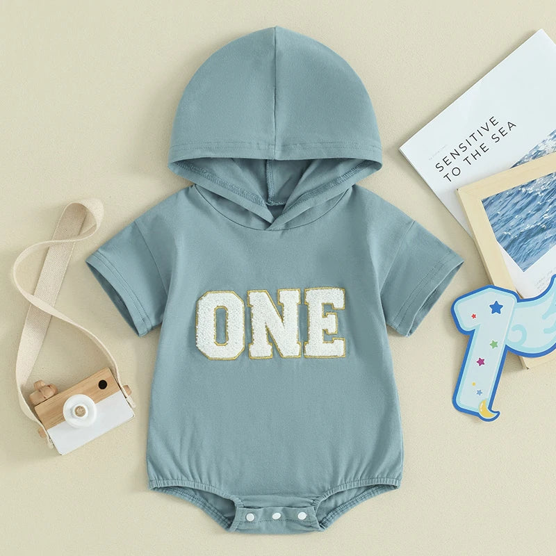  6-18M Infant Baby Boys Summer Hooded Romper Short Sleeve One Letter Embroidery Casual Jumpsuits