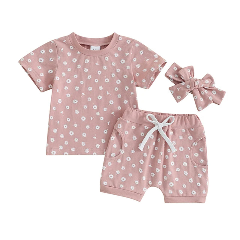 Toddler Baby Girls Clothes Sets Floral Print Short Sleeve T-Shirtswith Shorts and Hairband Summer Outfit