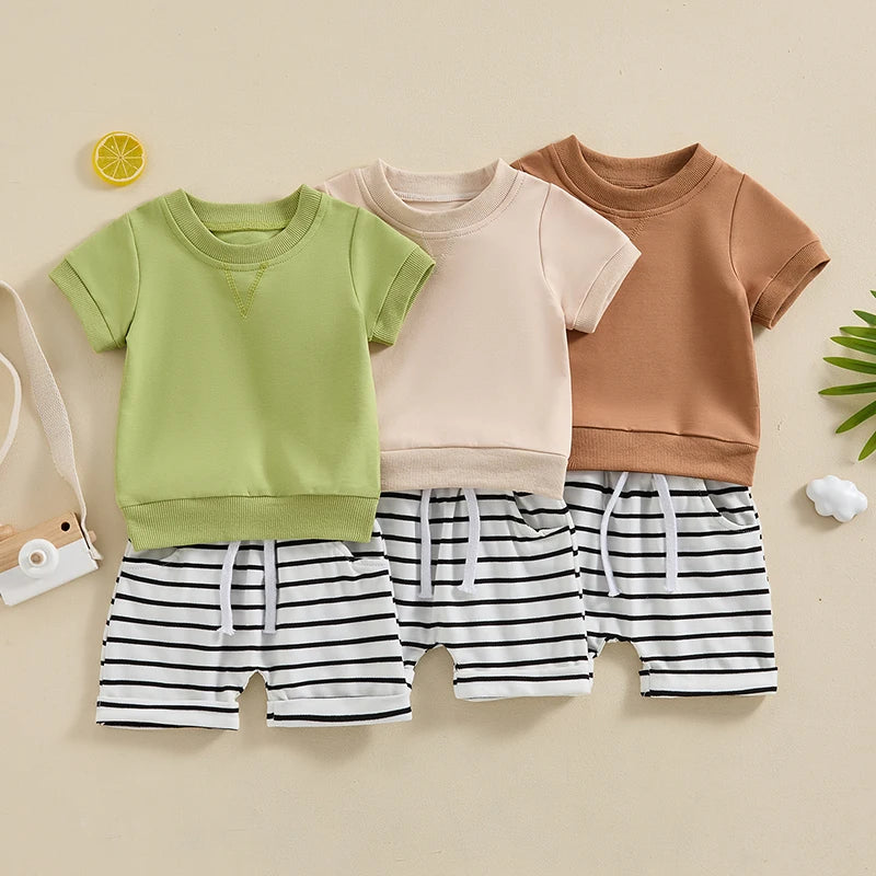   0-3Y Toddler Baby Boys Shorts Set, Short Sleeve Crew Neck T-Shirt with Striped Shorts Summer Outfit 2023 04 2022