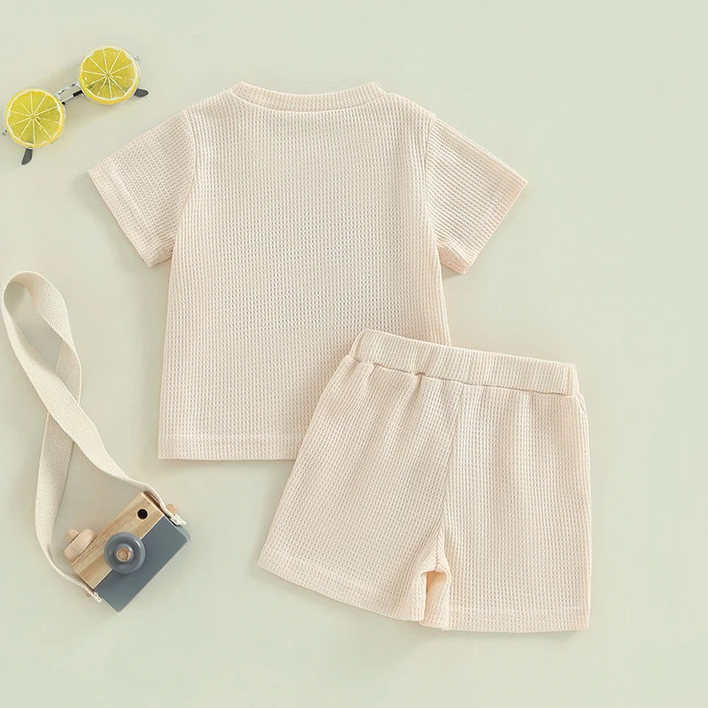 2024-01-20  Summer Baby Boy Clothes Letter Embroidery Short Sleeve T-Shirt Shorts Set 2Pcs Waffle Knit Outfit