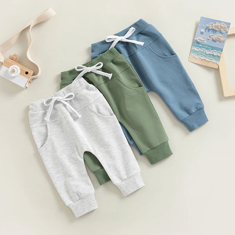  0-3Years Toddler Baby Boys Sweatpants Elastic Waist Drawstring Solid Fall Trousers Pockets Casual Clothes