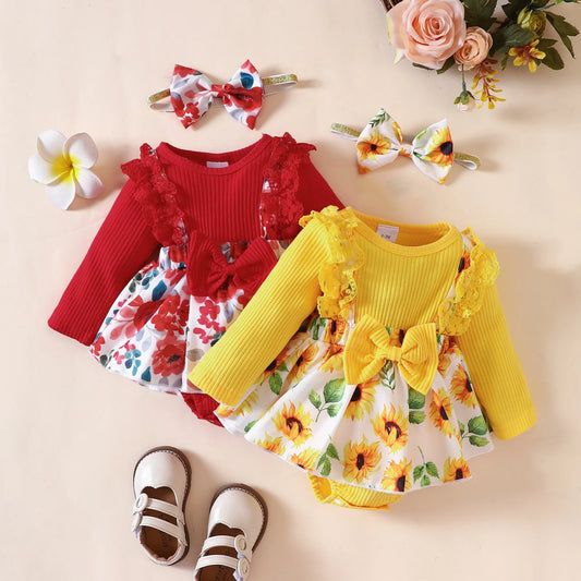 Newborn Girl Outfit Long Sleeve Crew Neck Flower Print Lace Patchwork Jumpsuit Hairband Fall Clothes