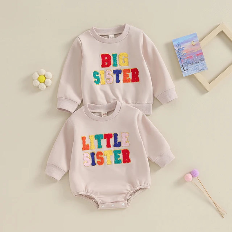 Newborn Baby Girls Romper Sister Matching Letter Print Long Sleeve Jumpsuits Sweatshirt Clothes