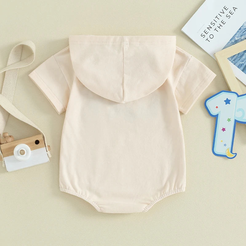  6-18M Infant Baby Boys Summer Hooded Romper Short Sleeve One Letter Embroidery Casual Jumpsuits
