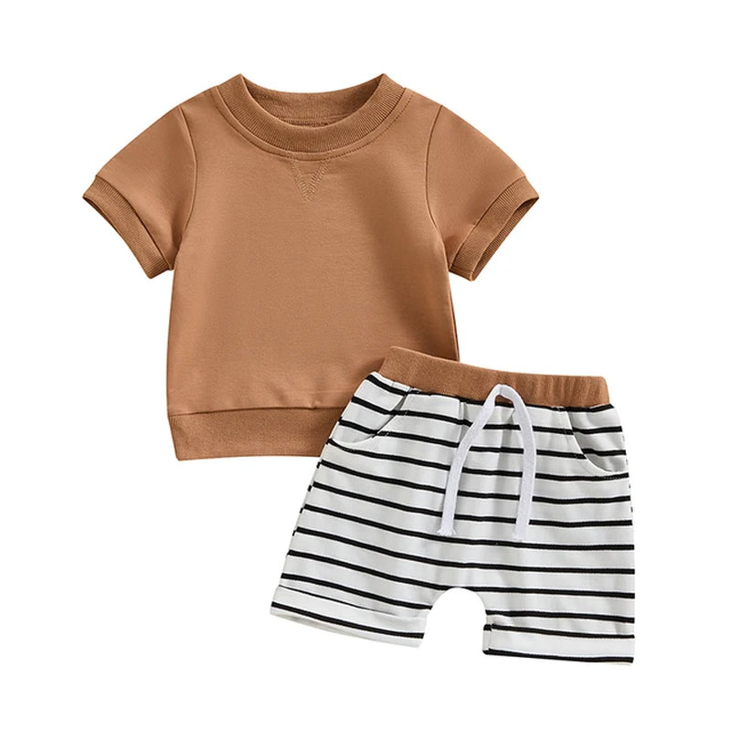   0-3Y Toddler Baby Boys Shorts Set, Short Sleeve Crew Neck T-Shirt with Striped Shorts Summer Outfit 2023 04 2022