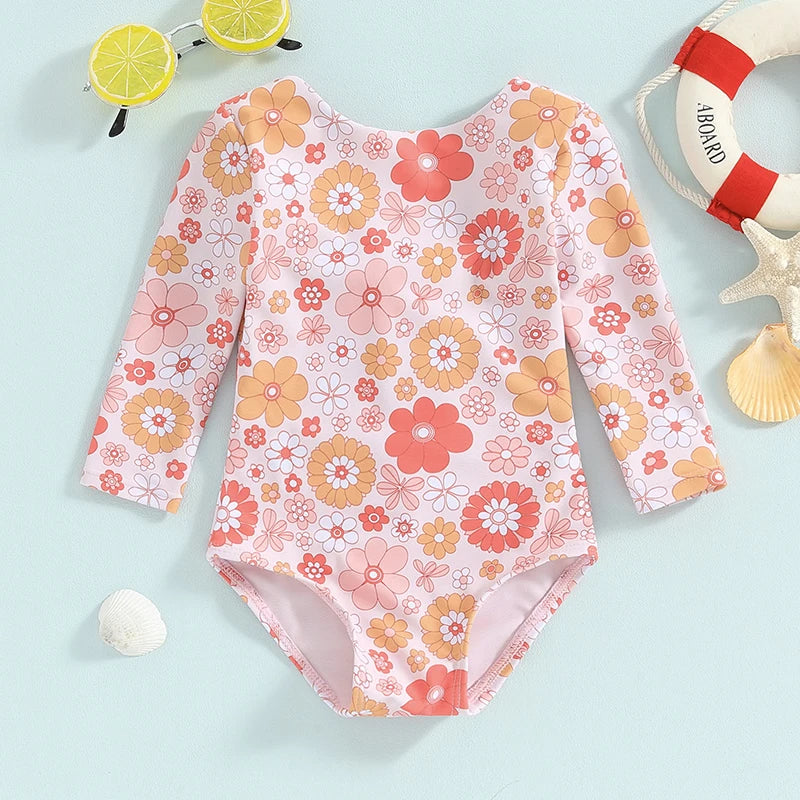 Kids Girls Bikini Long Sleeve Swimsuit Backless Tie-Up Flower Print Swimwear for Summer Beach