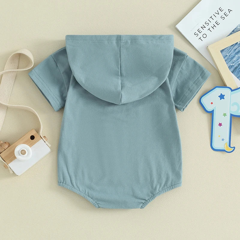  6-18M Infant Baby Boys Summer Hooded Romper Short Sleeve One Letter Embroidery Casual Jumpsuits