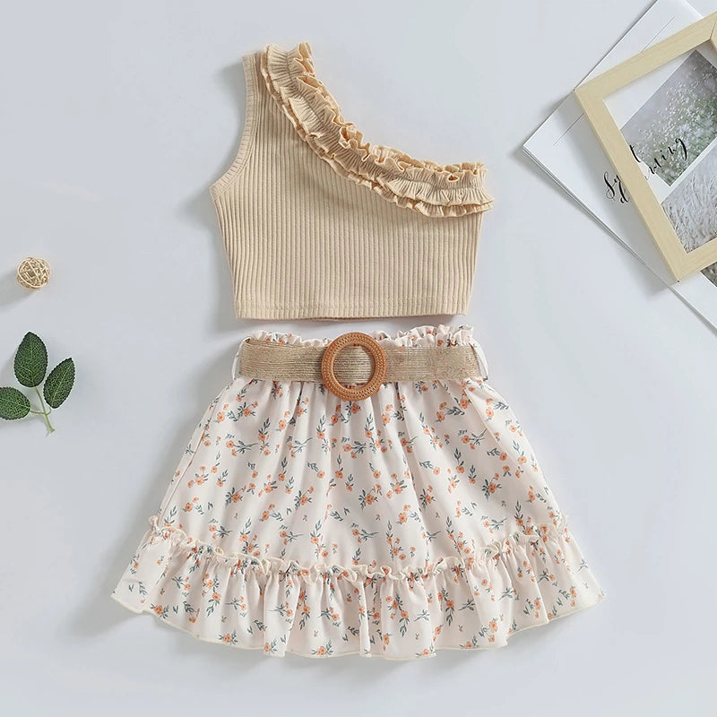  Toddler Baby Girl Summer Outfit One Shoulder Ribbed Tank Tops Ruffle Floral Skirt with Belt Set