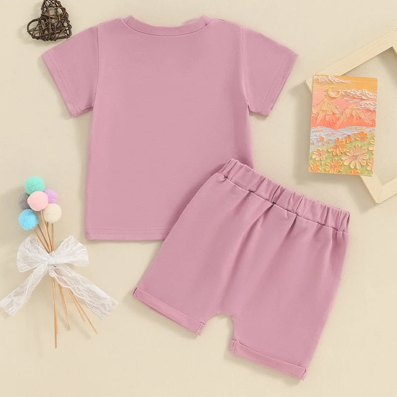  0-4Y Toddler Kids Girl Summer Clothes Set Outfit Heart Letter Print Short Sleeve T-Shirts Tops Shorts 2Pcs