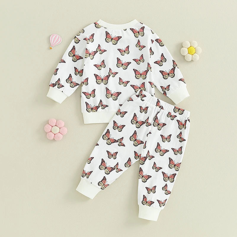 0-24M Toddler Girls Outfit Butterfly Print Long Sleeve Sweatshirt Elastic Pants 2PCS Baby Fall Clothes