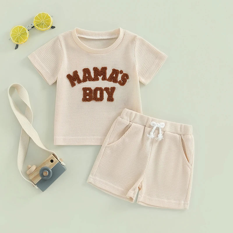 2024-01-20  Summer Baby Boy Clothes Letter Embroidery Short Sleeve T-Shirt Shorts Set 2Pcs Waffle Knit Outfit