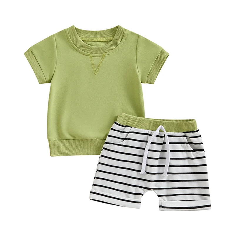   0-3Y Toddler Baby Boys Shorts Set, Short Sleeve Crew Neck T-Shirt with Striped Shorts Summer Outfit 2023 04 2022