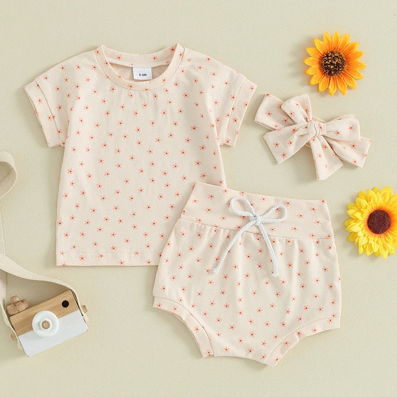 Newborn Baby Girl Clothing Sets Kids Cotton Floral Print Short Sleeve Pullover T-Shirts+High Waist Shorts+Headwear