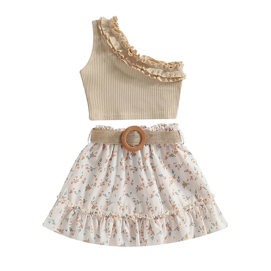  Toddler Baby Girl Summer Outfit One Shoulder Ribbed Tank Tops Ruffle Floral Skirt with Belt Set