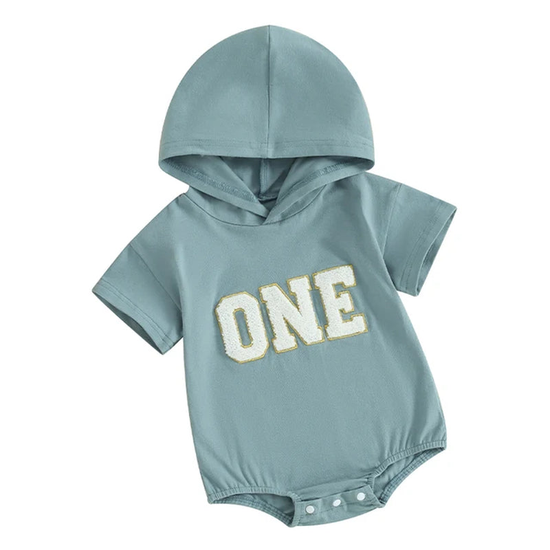  6-18M Infant Baby Boys Summer Hooded Romper Short Sleeve One Letter Embroidery Casual Jumpsuits