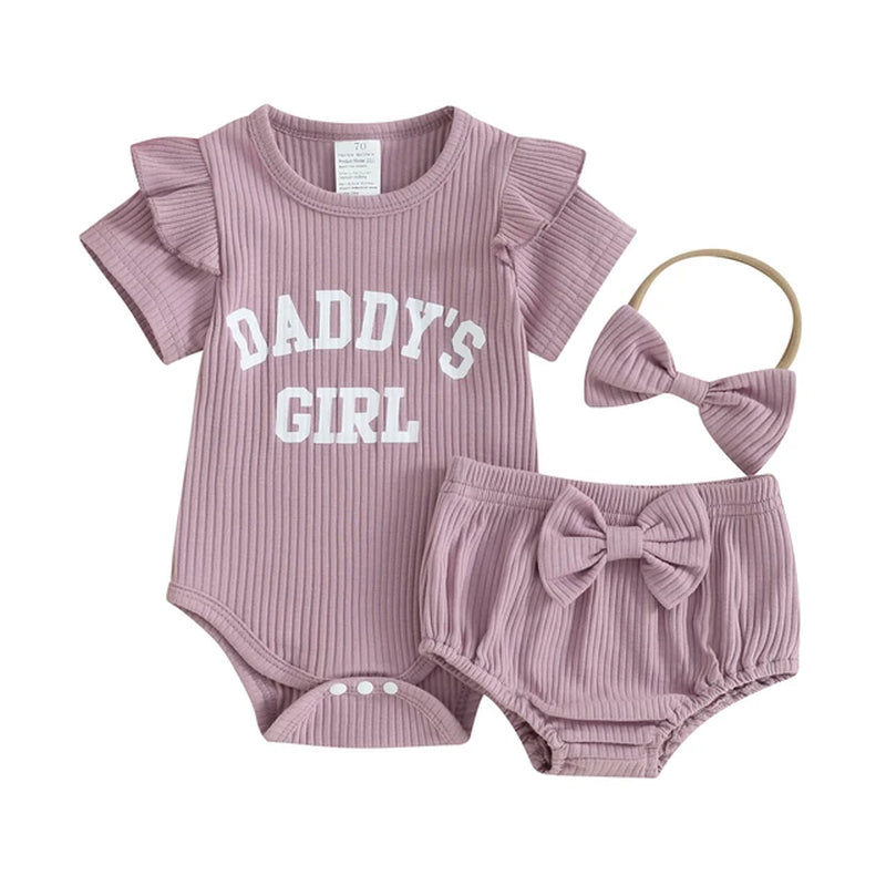 Baby Girls Summer Outfits Letter Print Ribbed Short Sleeve Romper and Shorts Cute Headband 3 Piece Clothes