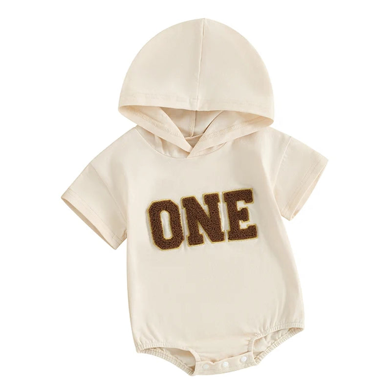  6-18M Infant Baby Boys Summer Hooded Romper Short Sleeve One Letter Embroidery Casual Jumpsuits