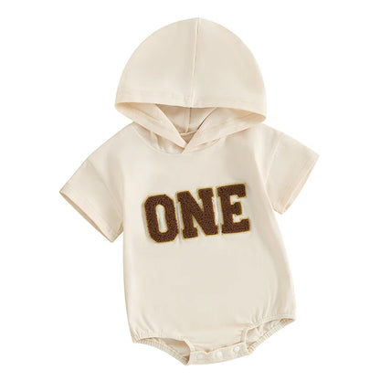 6-18M Infant Baby Boys Summer Hooded Romper Short Sleeve One Letter Embroidery Casual Jumpsuits