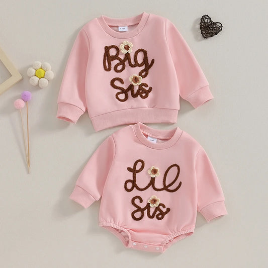  Baby Girls Clothes Letter Embrioidery Long Sleeve Cotton Sweatshirts Rompers Big and Lil Sis Clothes