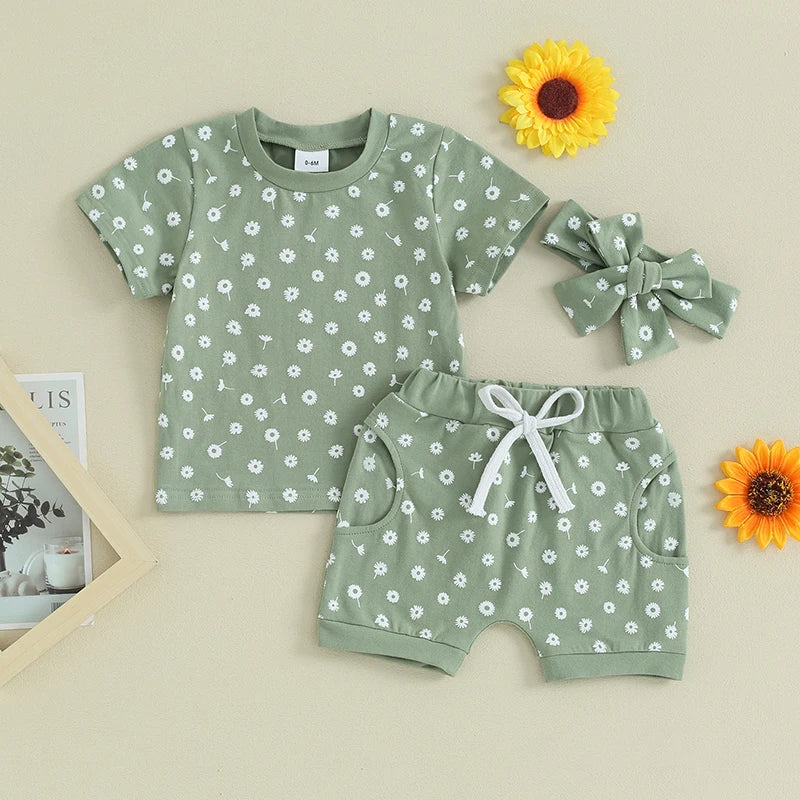 Toddler Baby Girls Clothes Sets Floral Print Short Sleeve T-Shirtswith Shorts and Hairband Summer Outfit