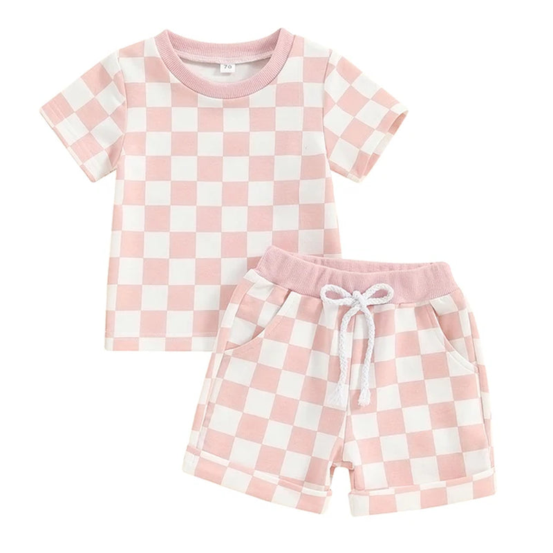 2023-12-19  0-3Y Toddler Baby Girl Summer Short Outfit Checkered Plaid Short Sleeve T-Shirt Drawstring Shorts Set