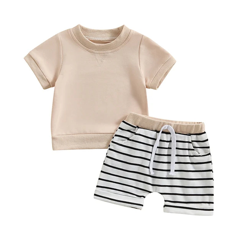   0-3Y Toddler Baby Boys Shorts Set, Short Sleeve Crew Neck T-Shirt with Striped Shorts Summer Outfit 2023 04 2022