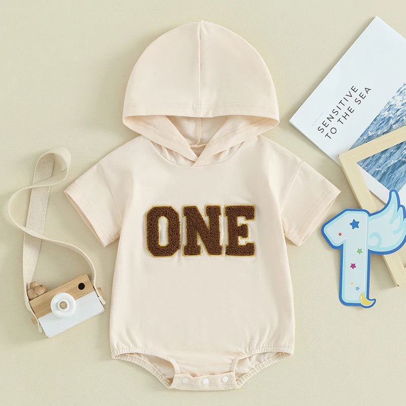  6-18M Infant Baby Boys Summer Hooded Romper Short Sleeve One Letter Embroidery Casual Jumpsuits