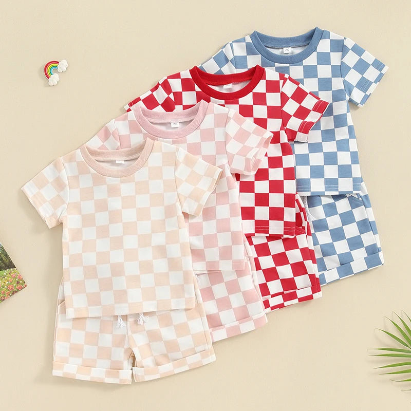 2023-12-19  0-3Y Toddler Baby Girl Summer Short Outfit Checkered Plaid Short Sleeve T-Shirt Drawstring Shorts Set