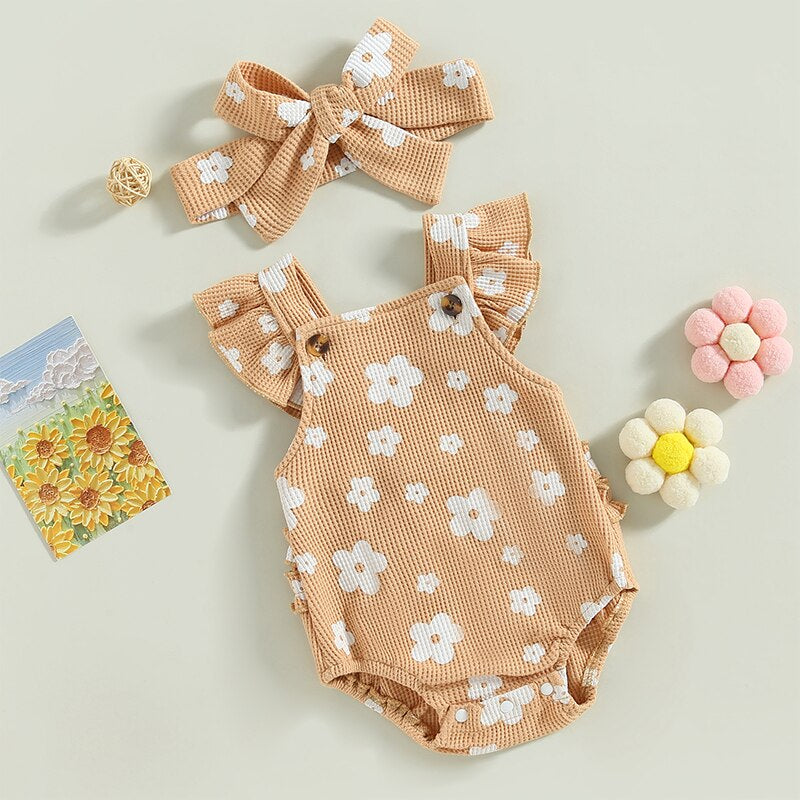  0-18M Infant Baby Girl Suspender Jumpsuit Set Floral Print Ruffled Flying Sleeve Bodysuit Headband