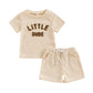 Toddler Baby Boy Summer Clothes Fuzzy Letter Waffle Short Sleeve T-Shirts Tops Elastic Waist Shorts Set Outfit