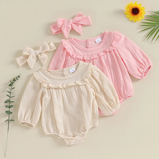 3M-18M Baby Girl Fall Outfits Long Sleeve Solid Color Ruffle Romper with Headband Set Infant Clothes