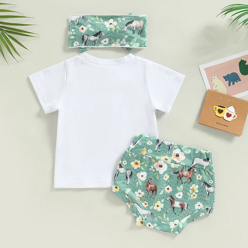 0-24M Baby Girls Summer Outfit Sets White Short Sleeve Tops Floral Cattle Print Shorts Headband