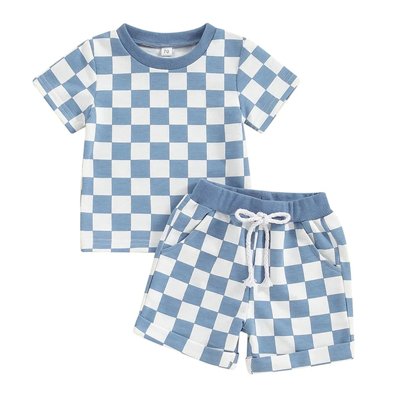 2023-12-19  0-3Y Toddler Baby Girl Summer Short Outfit Checkered Plaid Short Sleeve T-Shirt Drawstring Shorts Set