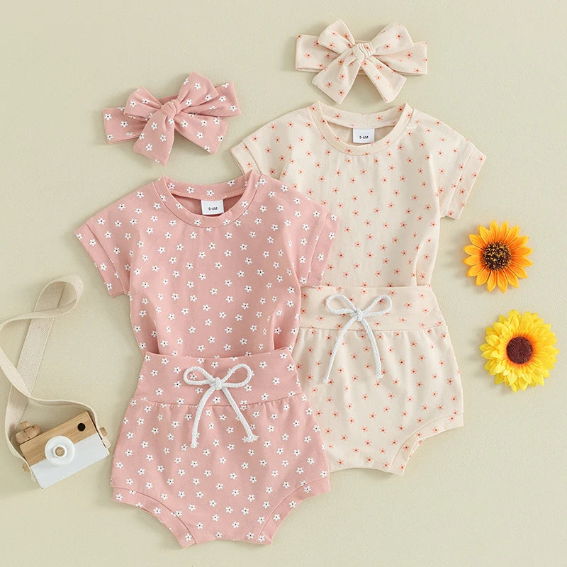 Newborn Baby Girl Clothing Sets Kids Cotton Floral Print Short Sleeve Pullover T-Shirts+High Waist Shorts+Headwear