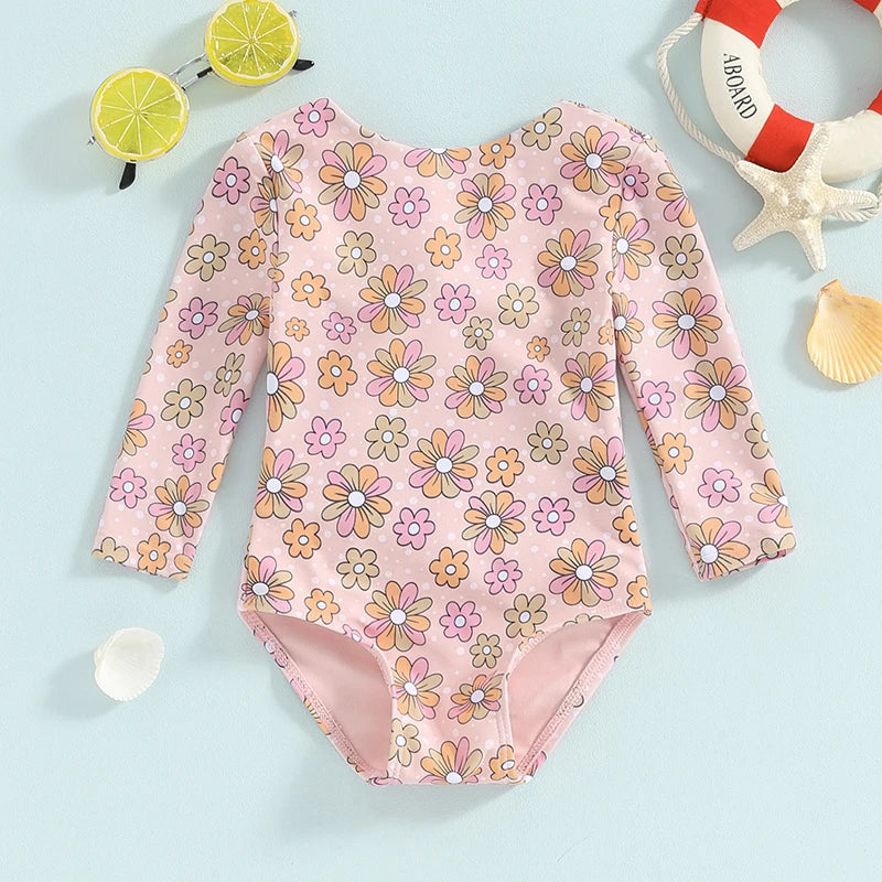 Kids Girls Bikini Long Sleeve Swimsuit Backless Tie-Up Flower Print Swimwear for Summer Beach