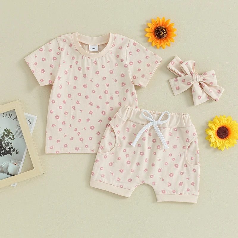 Toddler Baby Girls Clothes Sets Floral Print Short Sleeve T-Shirtswith Shorts and Hairband Summer Outfit