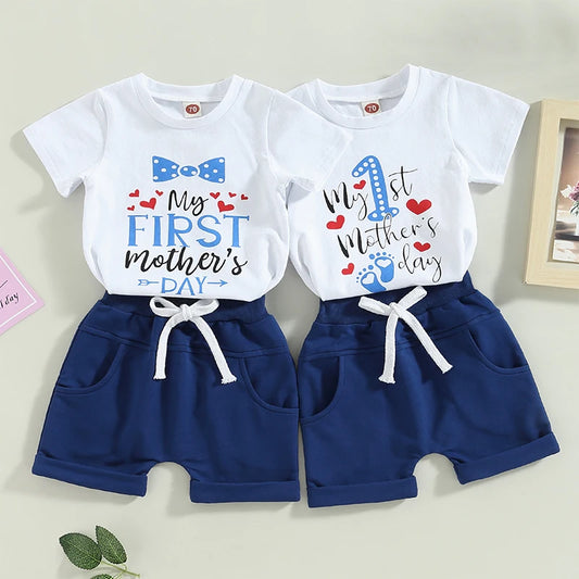 2023-02-06  0-18M Baby Boys 2Pcs Summer Outfits Mother'S Day Letter Print Short Sleeve T-Shirt Elastic Shorts Set 2023 04 2022