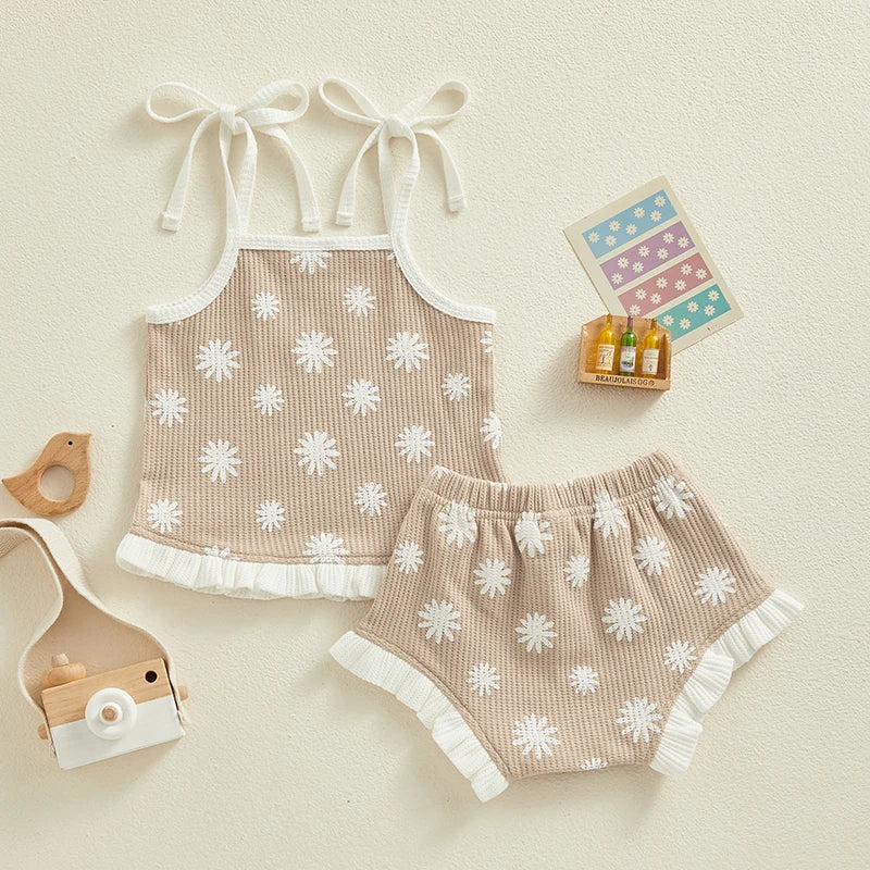 0-18M Newborn Baby Girl Clothes Set Waffle Floral Tops+Ruffles Shorts Infant Girl Clothing Outfits