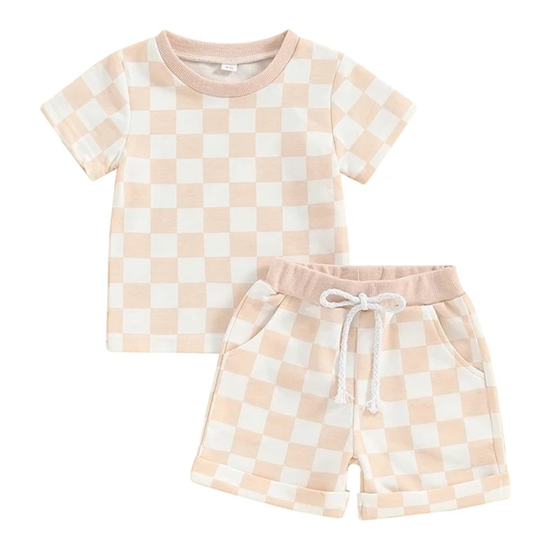 2023-12-19  0-3Y Toddler Baby Girl Summer Short Outfit Checkered Plaid Short Sleeve T-Shirt Drawstring Shorts Set