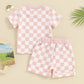 2023-12-19  0-3Y Toddler Baby Girl Summer Short Outfit Checkered Plaid Short Sleeve T-Shirt Drawstring Shorts Set