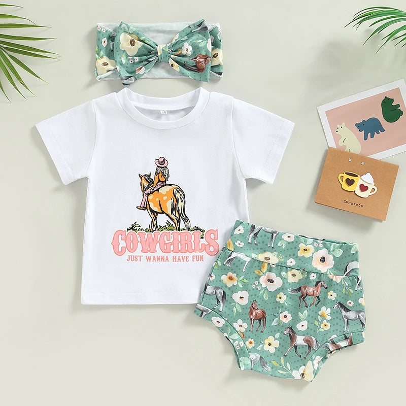 0-24M Baby Girls Summer Outfit Sets White Short Sleeve Tops Floral Cattle Print Shorts Headband