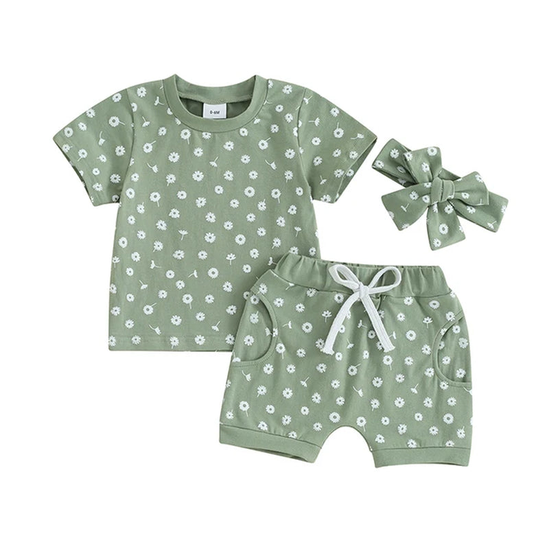 Toddler Baby Girls Clothes Sets Floral Print Short Sleeve T-Shirtswith Shorts and Hairband Summer Outfit