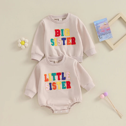 Newborn Baby Girls Romper Sister Matching Letter Print Long Sleeve Jumpsuits Sweatshirt Clothes