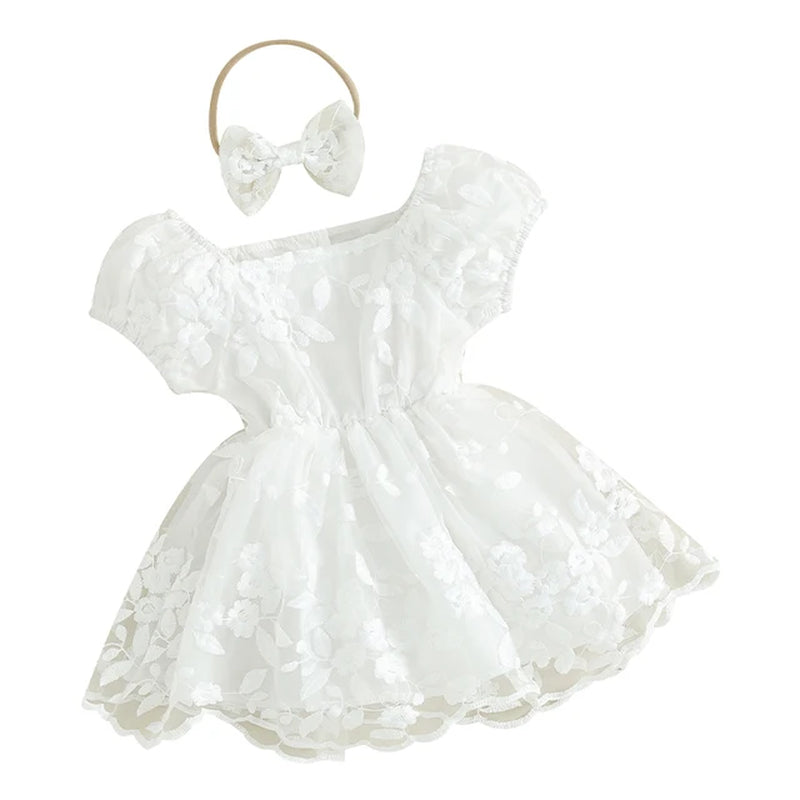 Baby Girls Rompers Dress Flower Embroidered Puff Sleeve Layered Tulle Playsuit Hem Jumpsuit+Headband