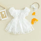 Baby Girls Rompers Dress Flower Embroidered Puff Sleeve Layered Tulle Playsuit Hem Jumpsuit+Headband