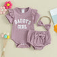 Baby Girls Summer Outfits Letter Print Ribbed Short Sleeve Romper and Shorts Cute Headband 3 Piece Clothes