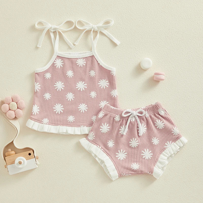 0-18M Newborn Baby Girl Clothes Set Waffle Floral Tops+Ruffles Shorts Infant Girl Clothing Outfits